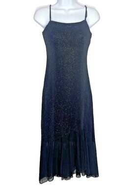 Vintage 90s City Triangles Midi Slip Dress Size M Black Glitter Flutter Hem